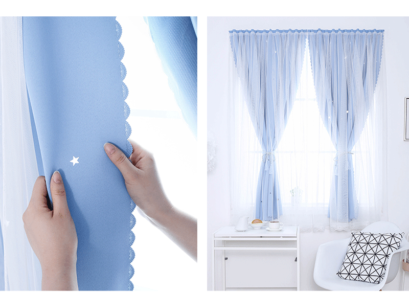 優雅雙層星星魔鬼氈窗簾 遮光窗簾 簡易黏貼 免打洞 租屋 房間(120X150c