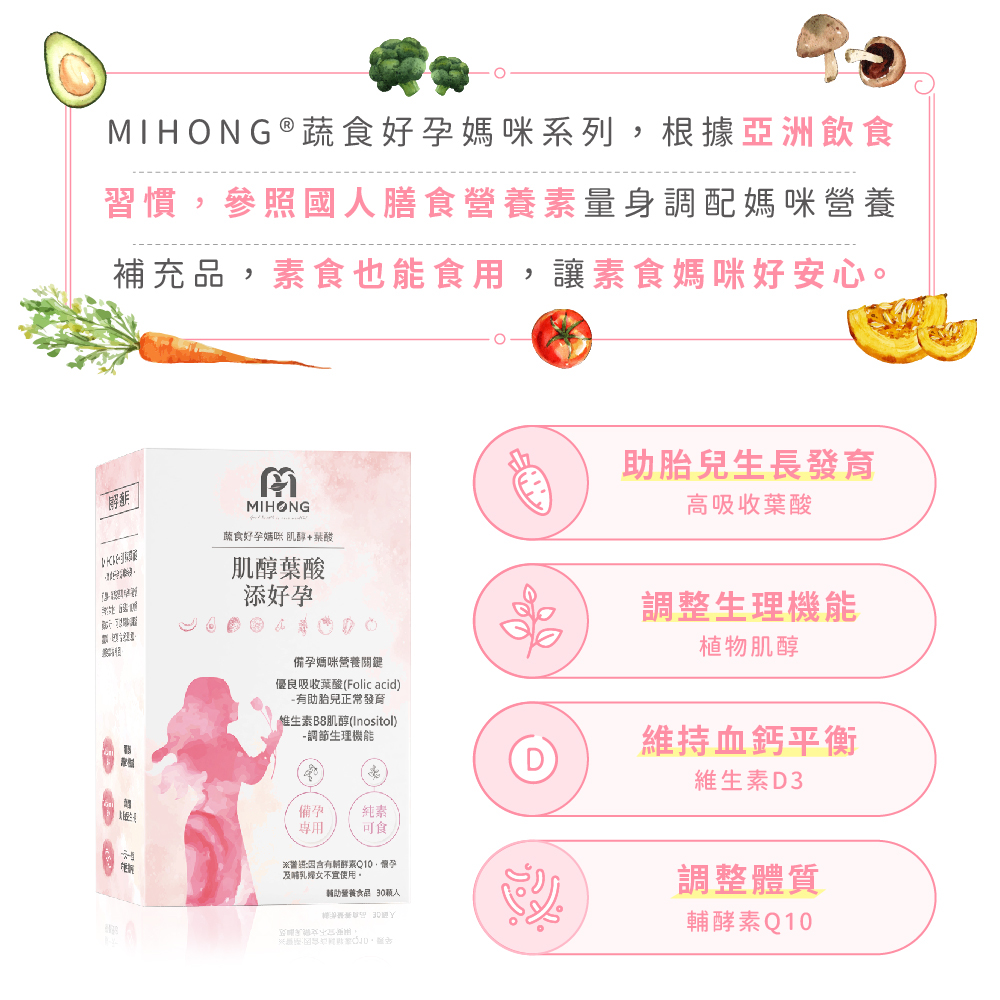 【MIHONG】肌醇葉酸添好孕(500毫克，30顆/盒) 純素可食/備孕適用