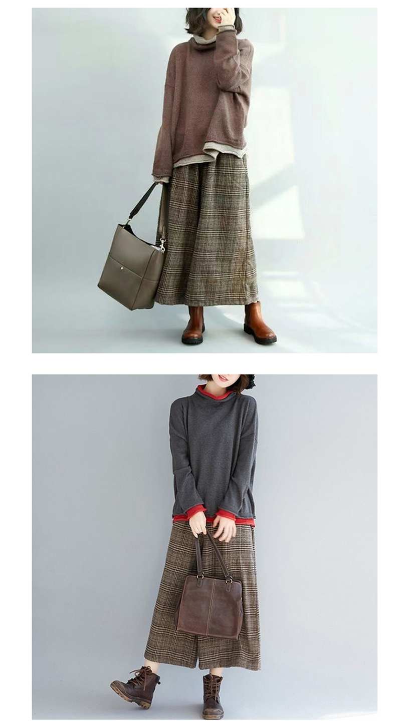 毛呢格紋保暖格紋闊腿褲寬褲