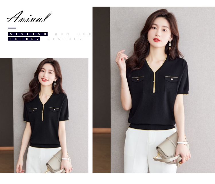 夏季針織女款短袖/V領衣/小香風金邊針織衫/V領拉鍊針織衣