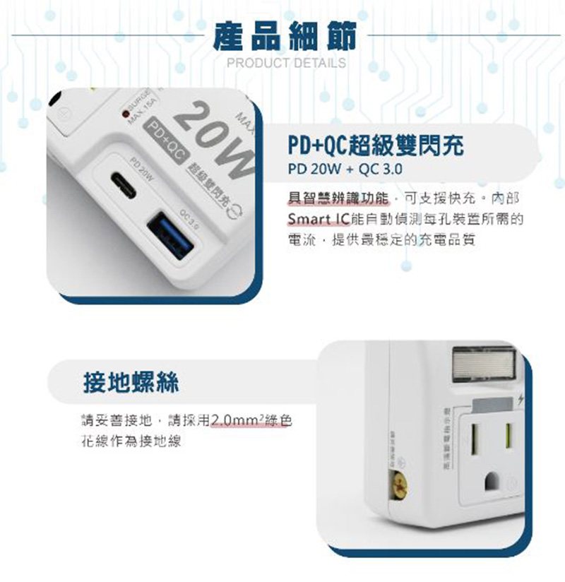 【安全達人】1開2插3P+2P 20W USB超級閃充分接器 R-61PLC