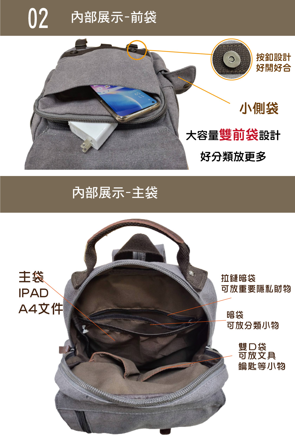 韓版大容量多層收納耐磨帆布後背包 多色可選 旅行包