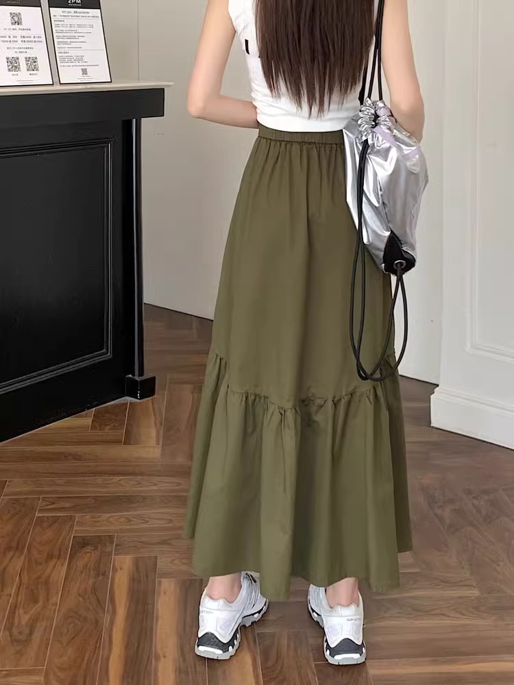 韓版時尚設計感褶皺拼接鬆緊腰長裙 M-XL 多色 