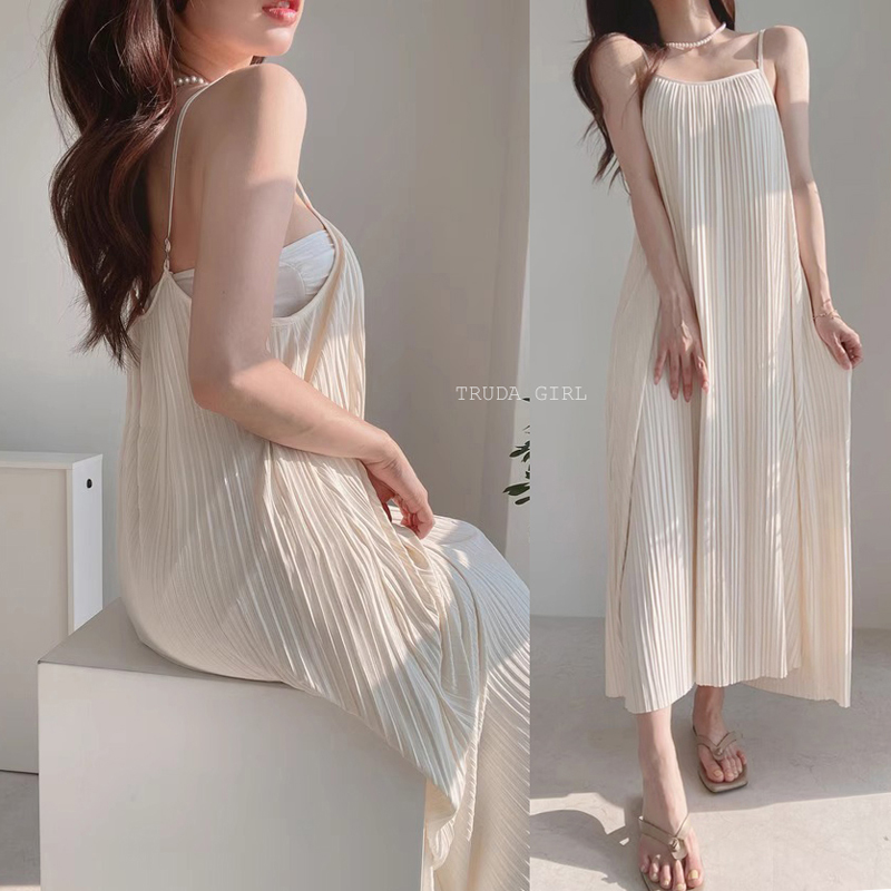 韓系女孩夏日寬鬆雙層百褶吊帶連身裙 洋裝 2色