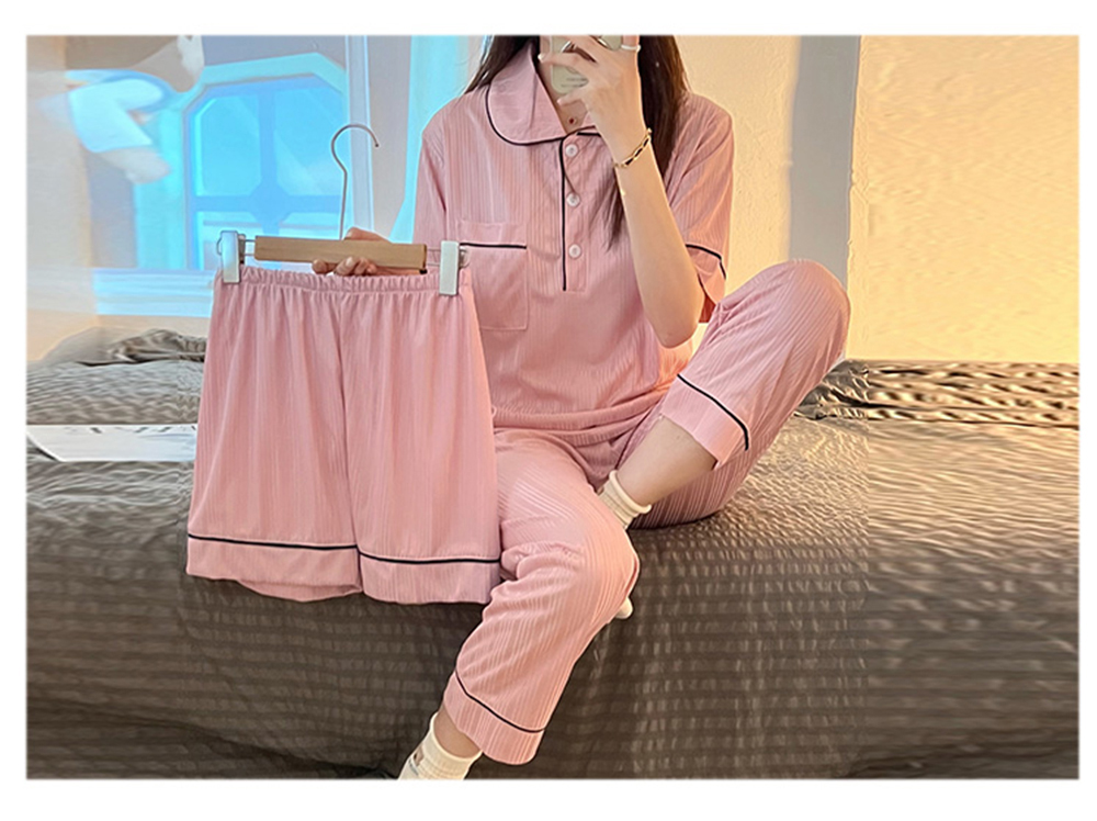 涼感牛奶絲三件套睡衣褲 短袖+短褲+長褲 M-2XL