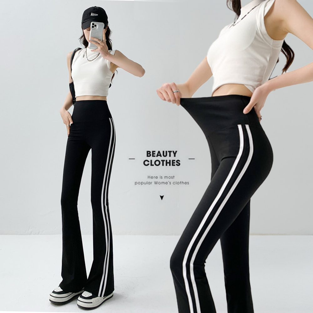 韓版顯瘦修身高彈束腰條紋喇叭芭比褲 休閒褲 高彈力設計 M-XXL