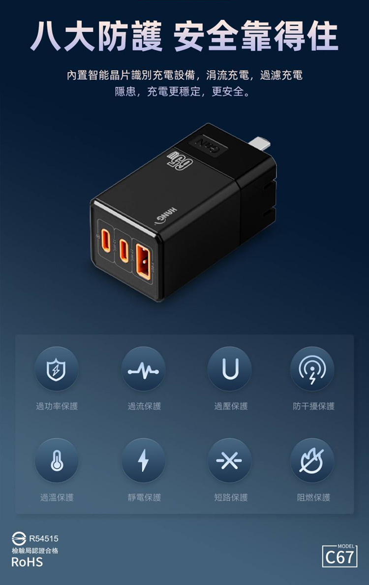 【HANG】C67 65W GaN 迷你氮化鎵PD三口 快速充電器2C1A