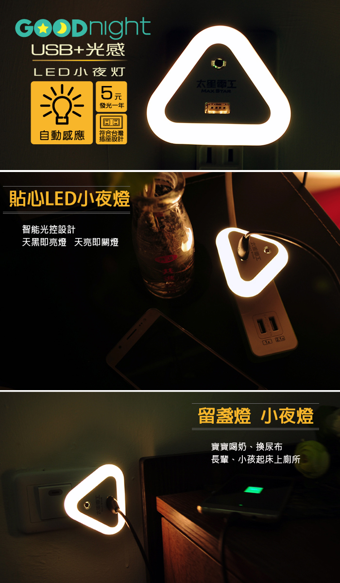       【太星電工】Good night USB光感LED小夜燈/暖白光(
