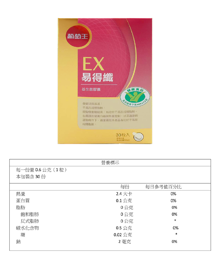 【葡萄王】認證易得孅EX (30粒/盒) 榮獲國家健康食品認證 不易形成體脂肪