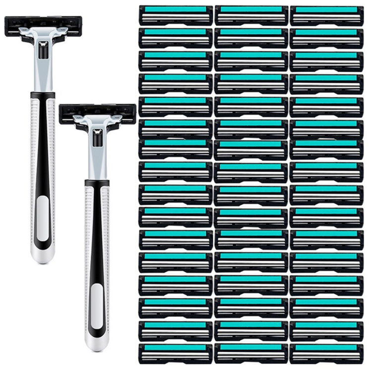 不鏽鋼雙層手動刮鬍刀超值組 2刀架 60刀片 刀架盒