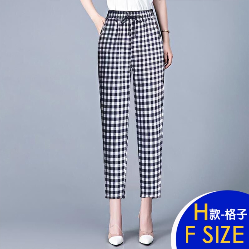 韓國製英倫格紋修身顯瘦涼爽棉麻褲 多款任選 鬆緊腰設計 寬褲 休閒褲 