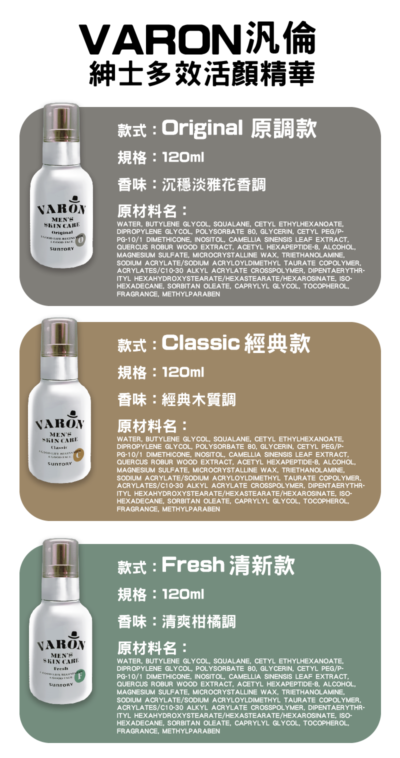 【Suntory三得利】Varon汎倫紳仕多效活顏精華（經典款）120ml 