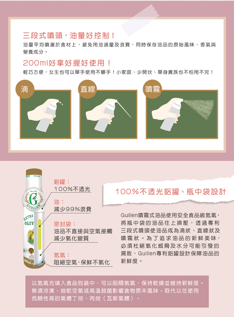 【Guillen】噴霧式特級冷壓初榨橄欖油-酪梨200ml 噴霧式橄欖油