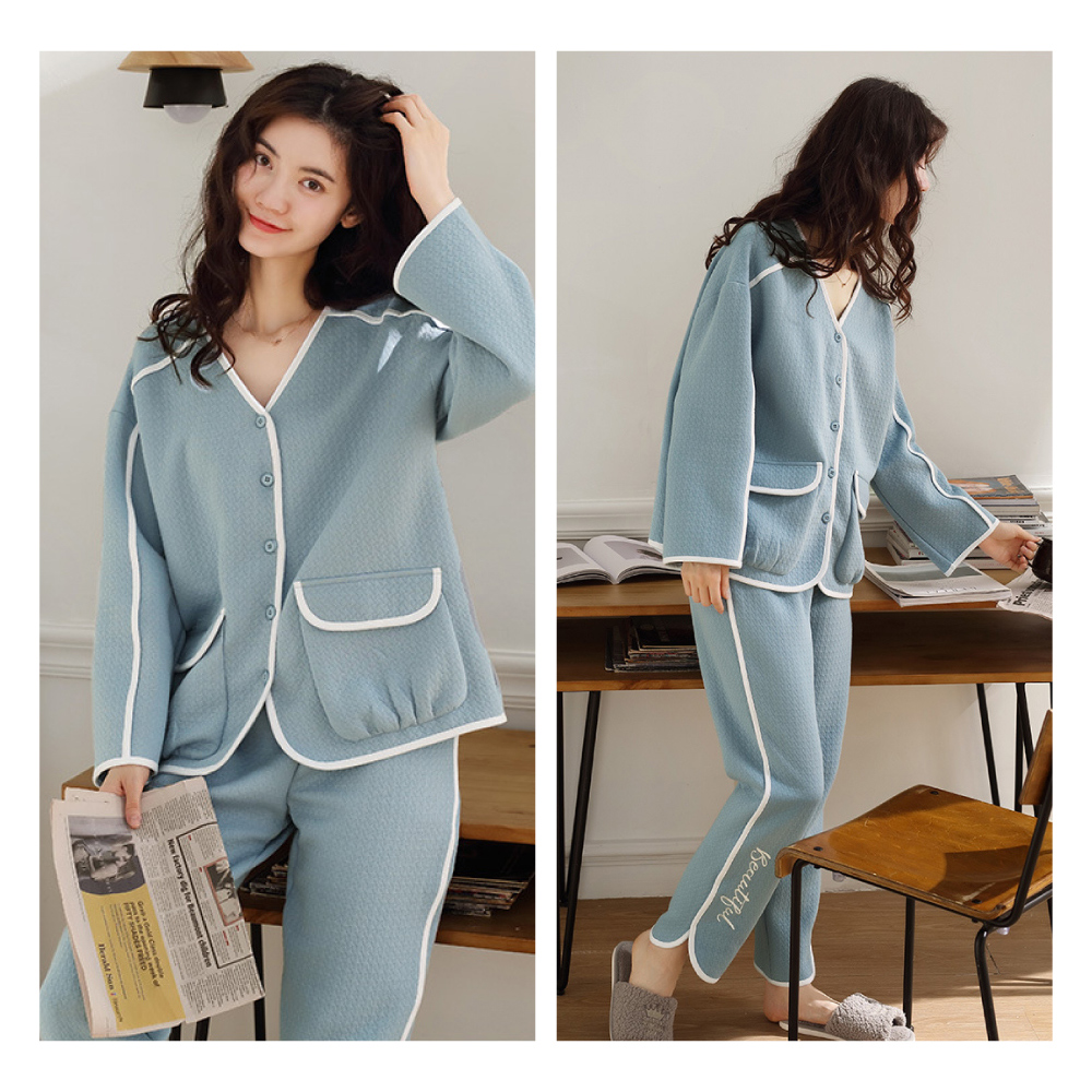 秋冬新款開衫式寬鬆空氣棉層連帽保暖睡衣 3色 居家服 家居服