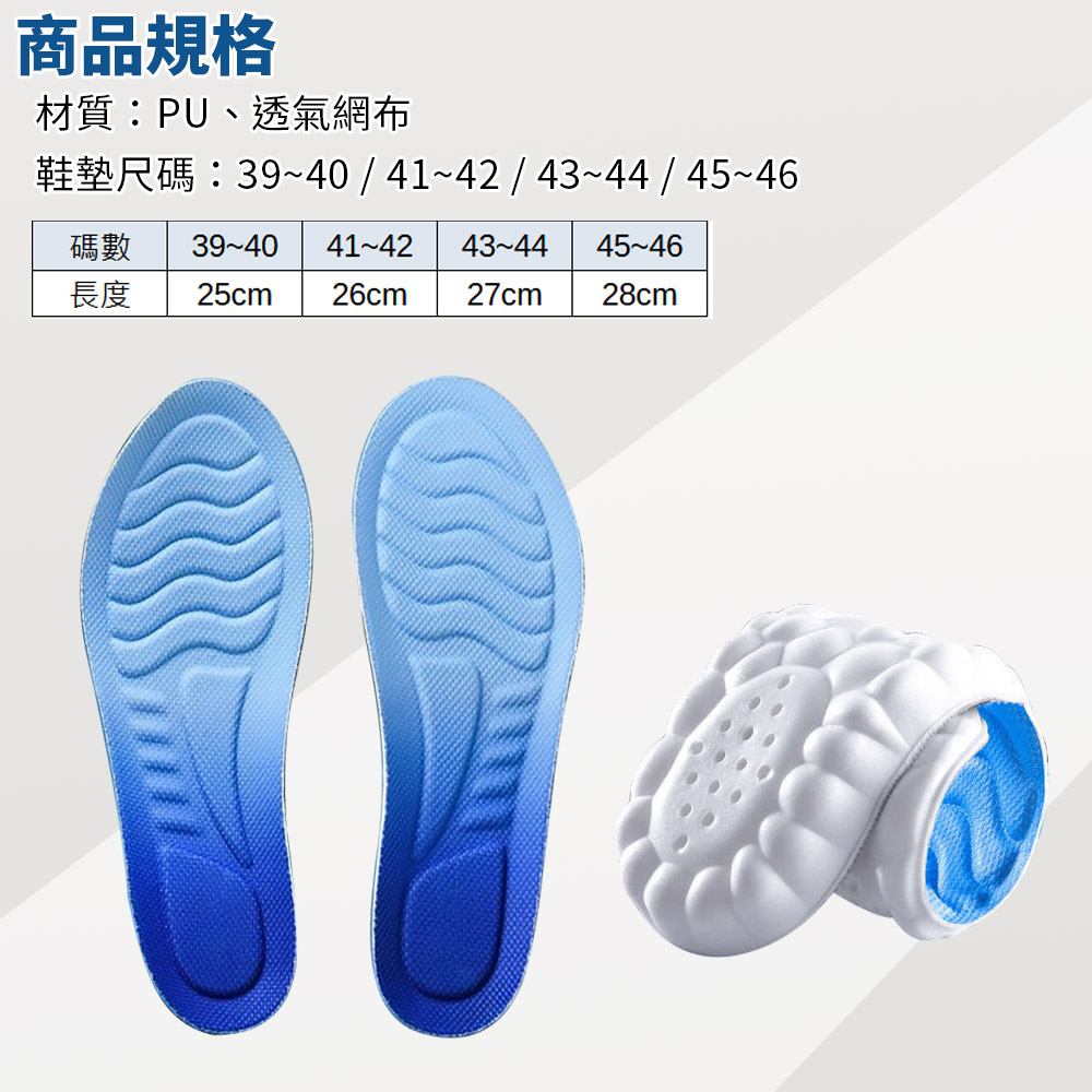 4D減震軟雲感透氣鞋墊 吸濕透氣 足弓支撐 (25-28CM)