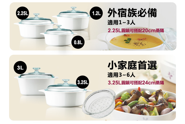 【康寧Corningware】圓形康寧鍋+贈節能板 3.2L/2.2L/1.2L
