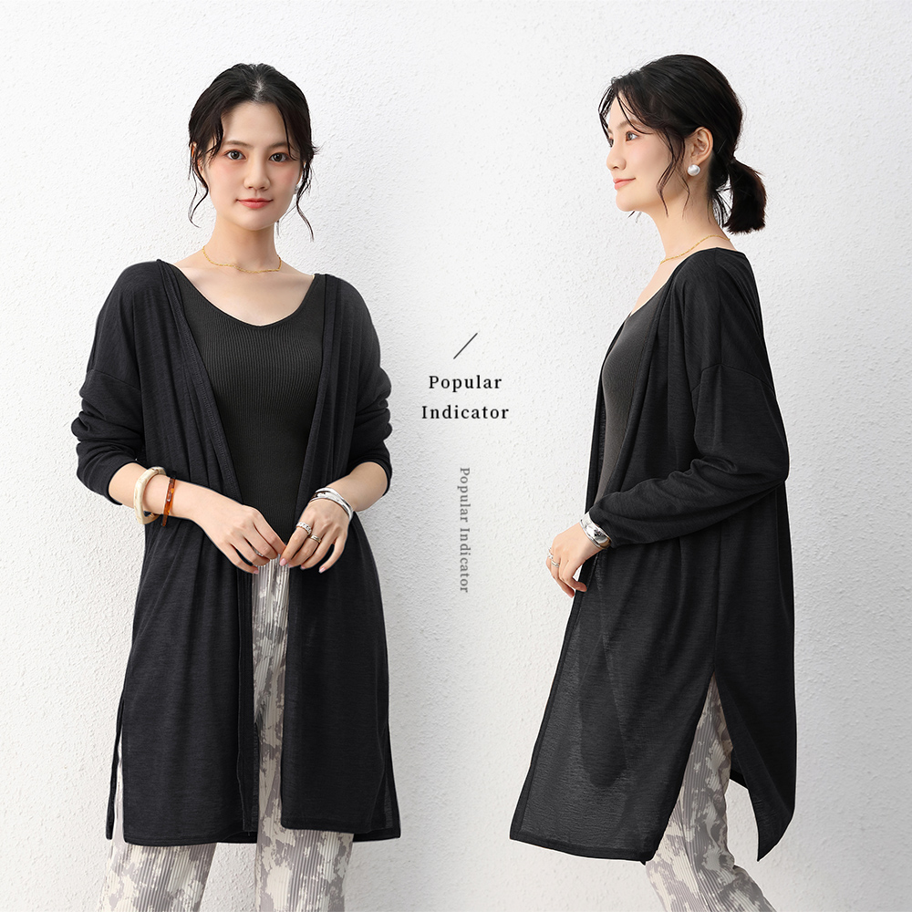 韓系透氣棉長版飄逸開衩薄款防曬外套 罩衫 4色任選