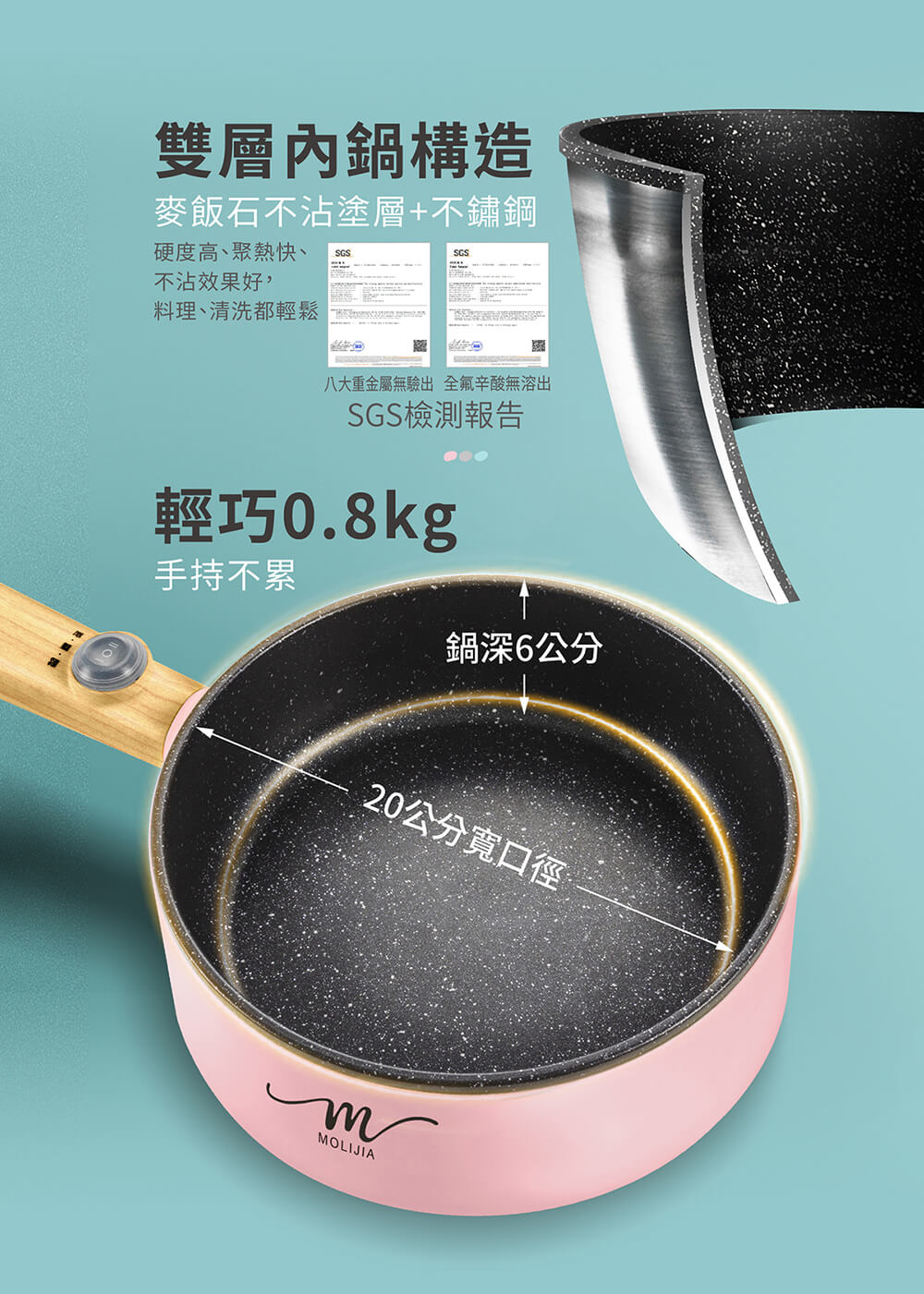 【MOLIJIA 魔力家】M18防燙麥飯石不沾電煎美食鍋-木紋款(快煮鍋/烹飪鍋