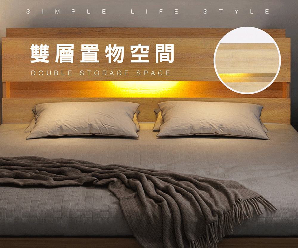 【Famy+】加厚六分板日式輕奢LED床頭片+收納掀床/床架組(附床頭燈 插座)