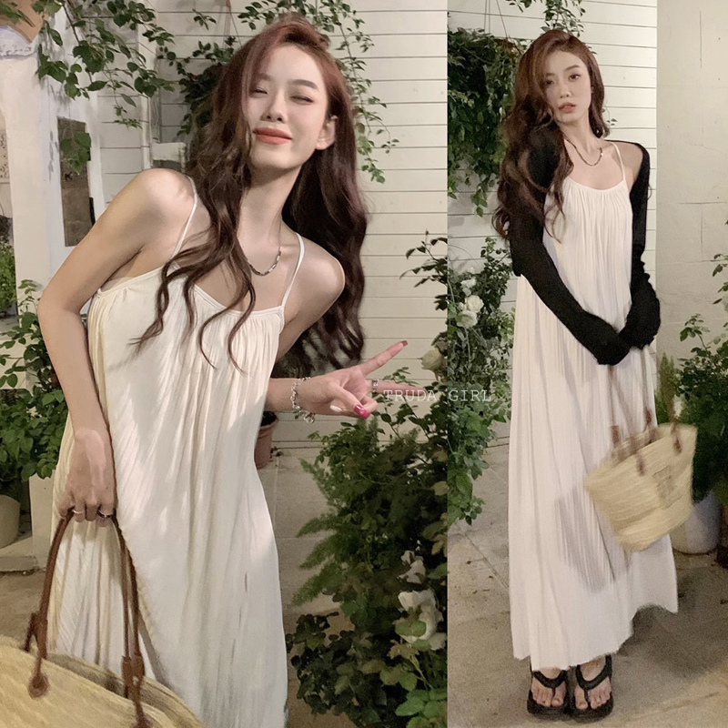 韓系女孩夏日寬鬆雙層百褶吊帶連身裙 洋裝 2色