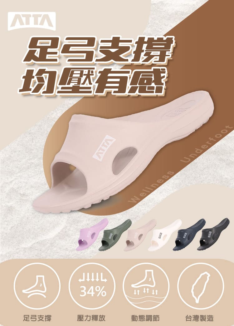 【ATTA】台灣製足底均壓支撐 扁平足推薦 EVA減壓防水止滑拖鞋