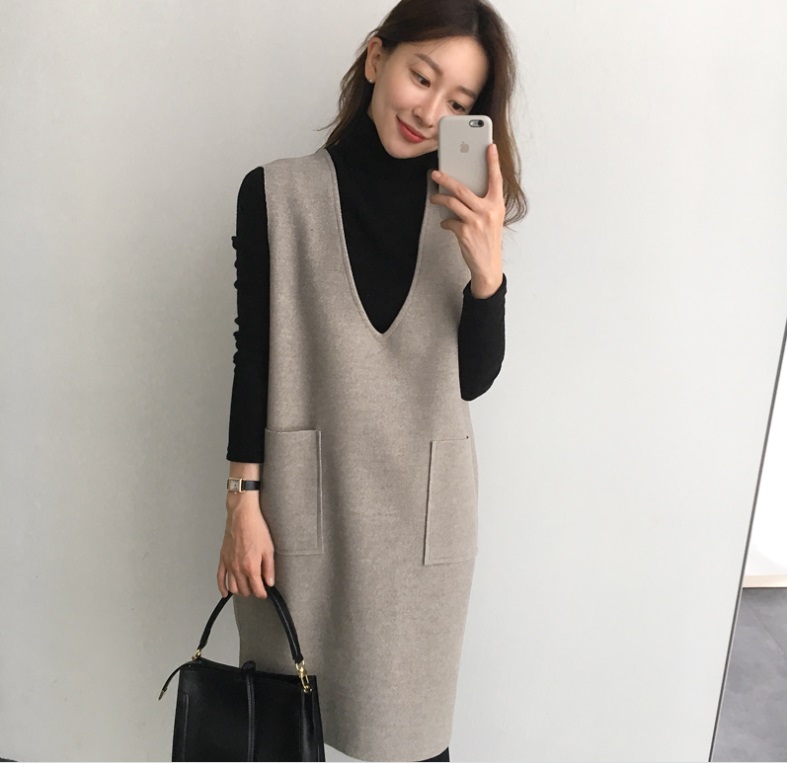 V領寬鬆修身顯瘦針織連衣裙 背心裙 洋裝 多色任選