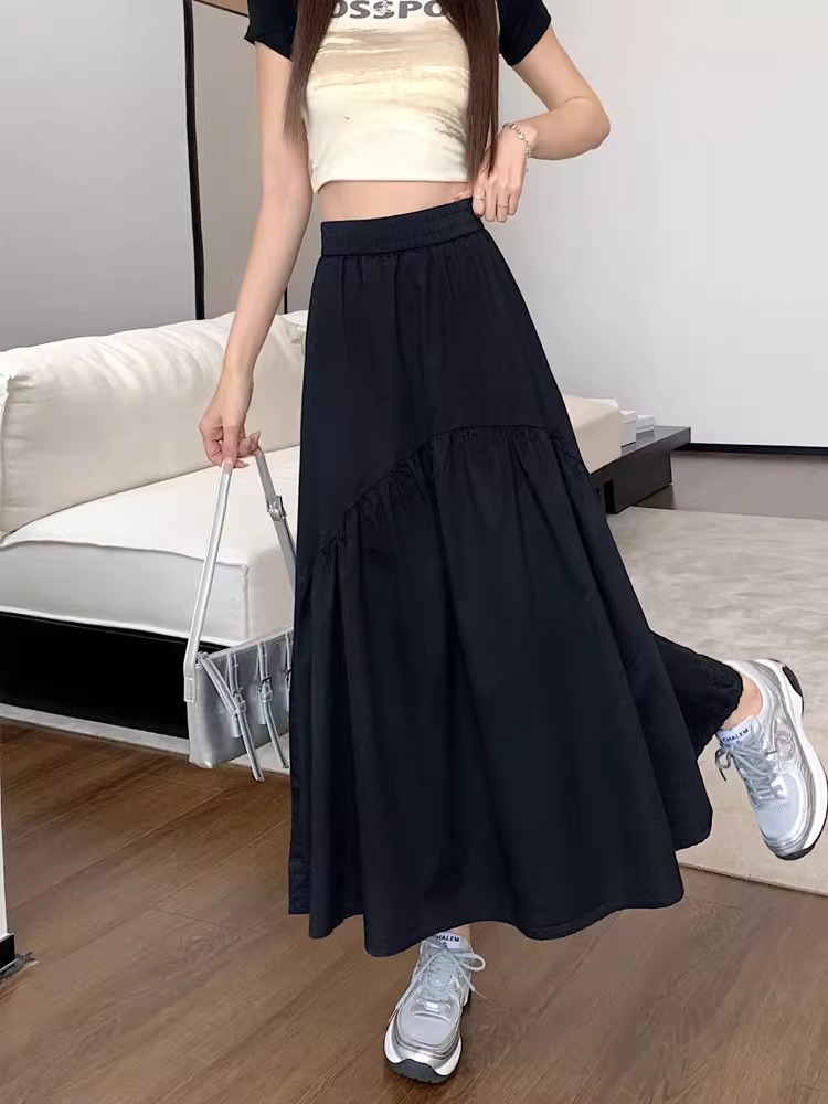 韓版時尚設計感褶皺拼接鬆緊腰長裙 M-XL 多色 