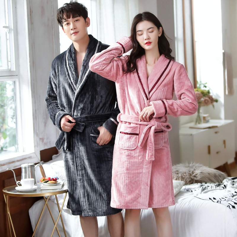秋冬典雅配色加厚情侶款法蘭絨睡袍套組 浴袍