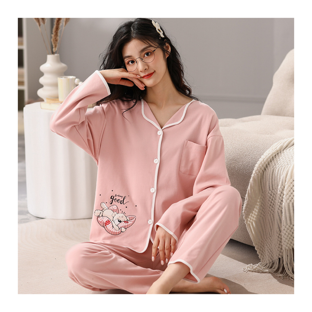 大尺碼寬鬆棉質花紋點綴開襟居家睡衣-4色 居家服 家居服