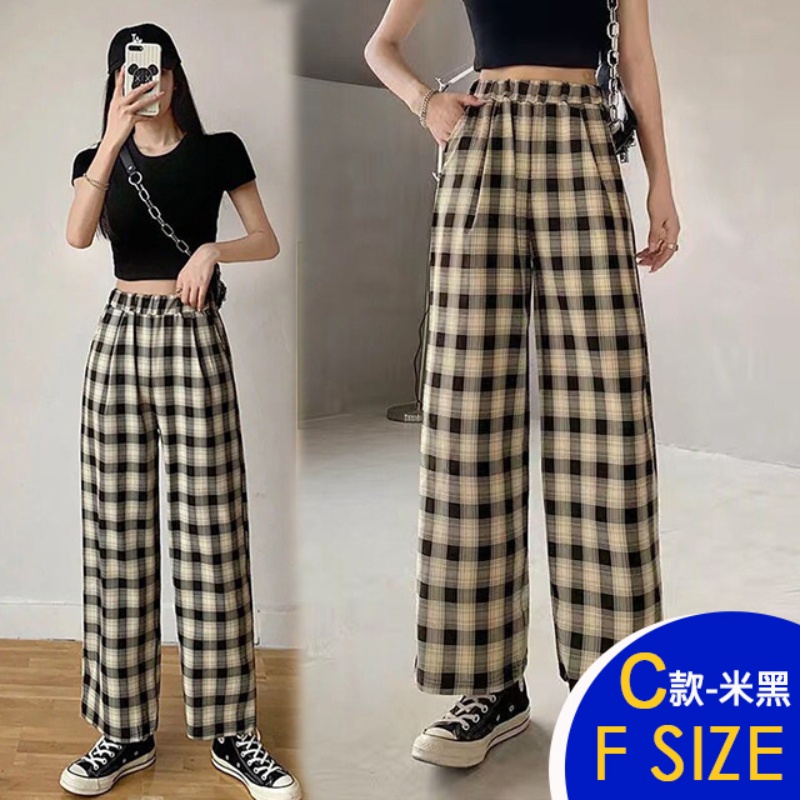韓國製英倫格紋修身顯瘦涼爽棉麻褲 多款任選 鬆緊腰設計 寬褲 休閒褲 