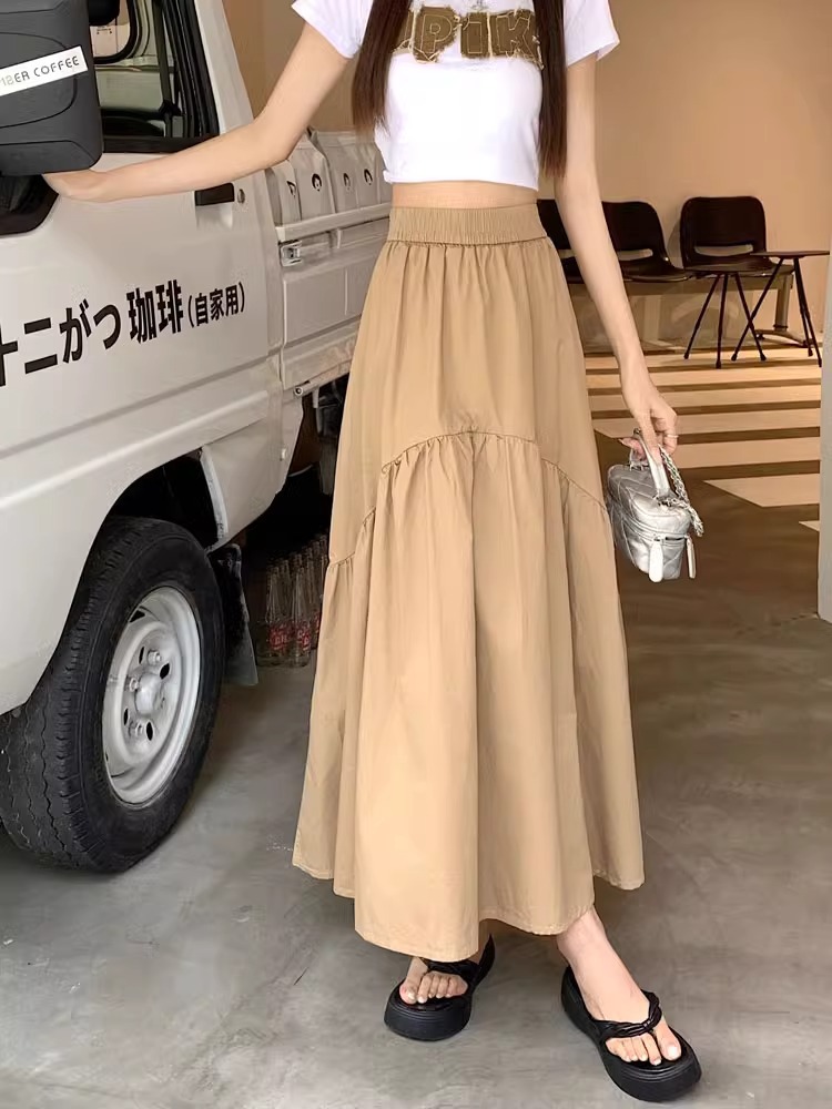 韓版時尚設計感褶皺拼接鬆緊腰長裙 M-XL 多色 