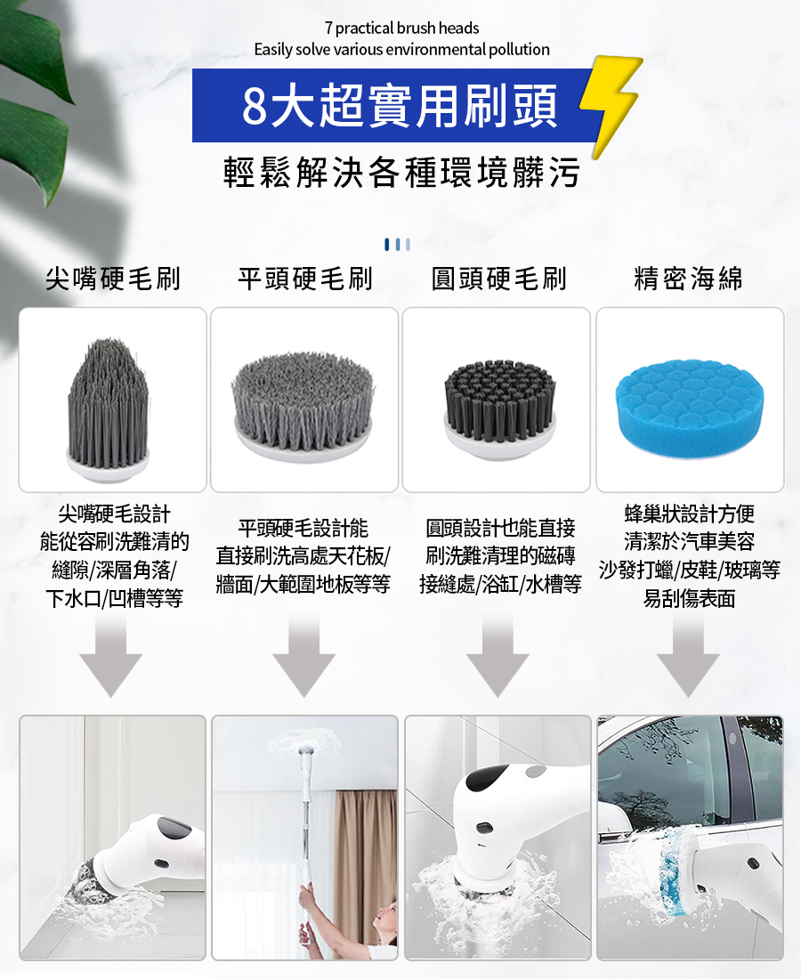 八合一 多功能電動清潔刷 無線 液晶面板 IPX6防水
