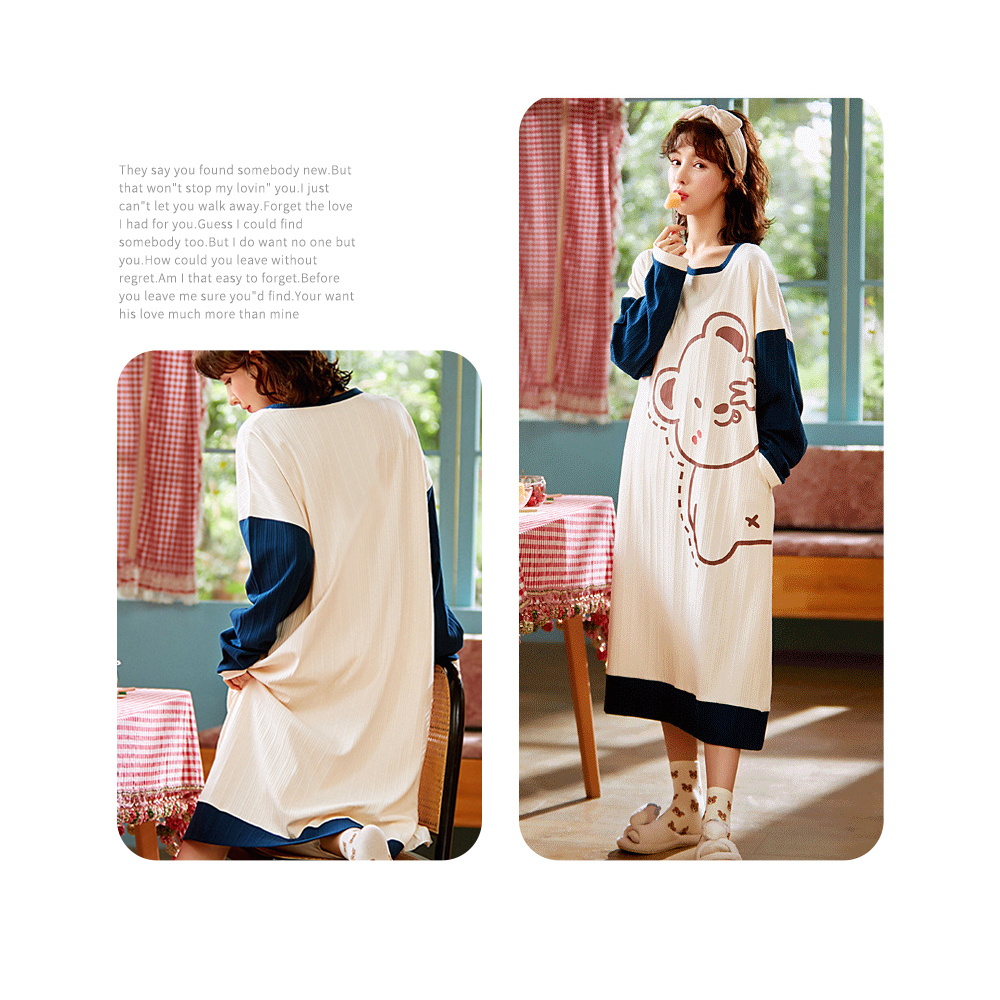 直坑條圓領卡通長袖棉質居家睡裙 XL/2XL
