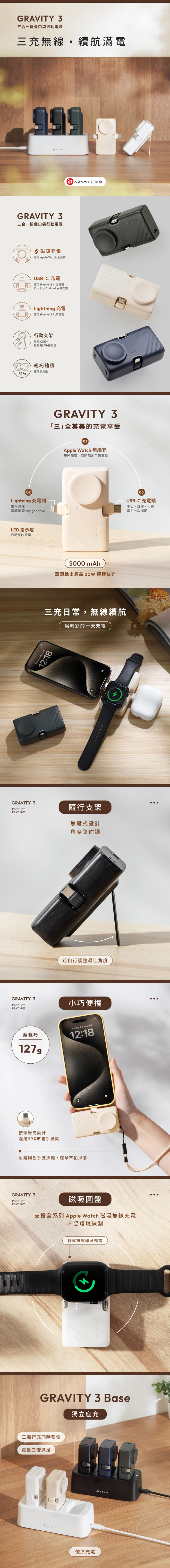 【亞果元素】5000mAh GRAVITY 3 三合一 折疊口袋行動電源 -五色