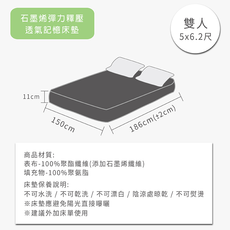       【Victoria】石墨烯彈力釋壓透氣記憶床墊-雙人(學生床墊 宿