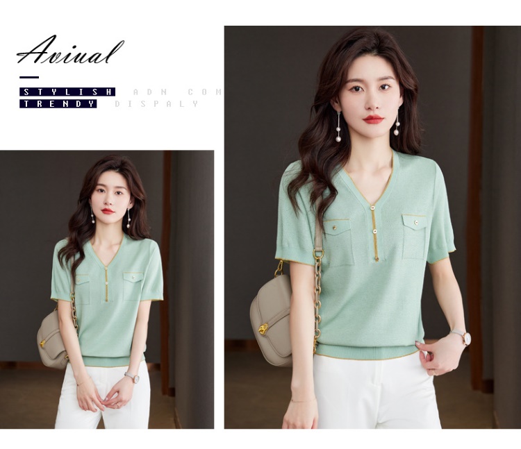 夏季針織女款短袖/V領衣/小香風金邊針織衫/V領拉鍊針織衣