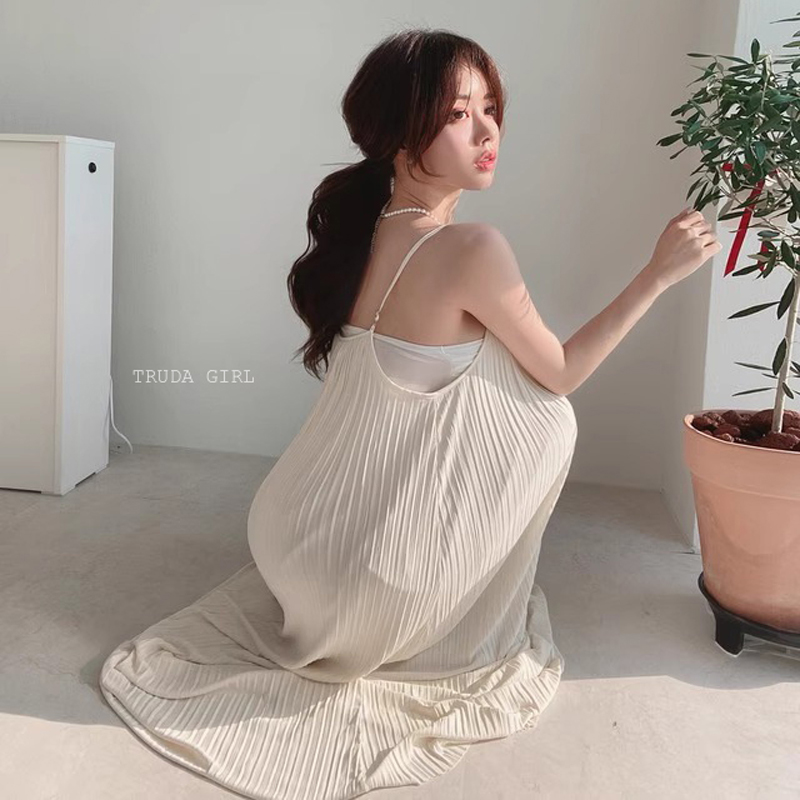 韓系女孩夏日寬鬆雙層百褶吊帶連身裙 洋裝 2色