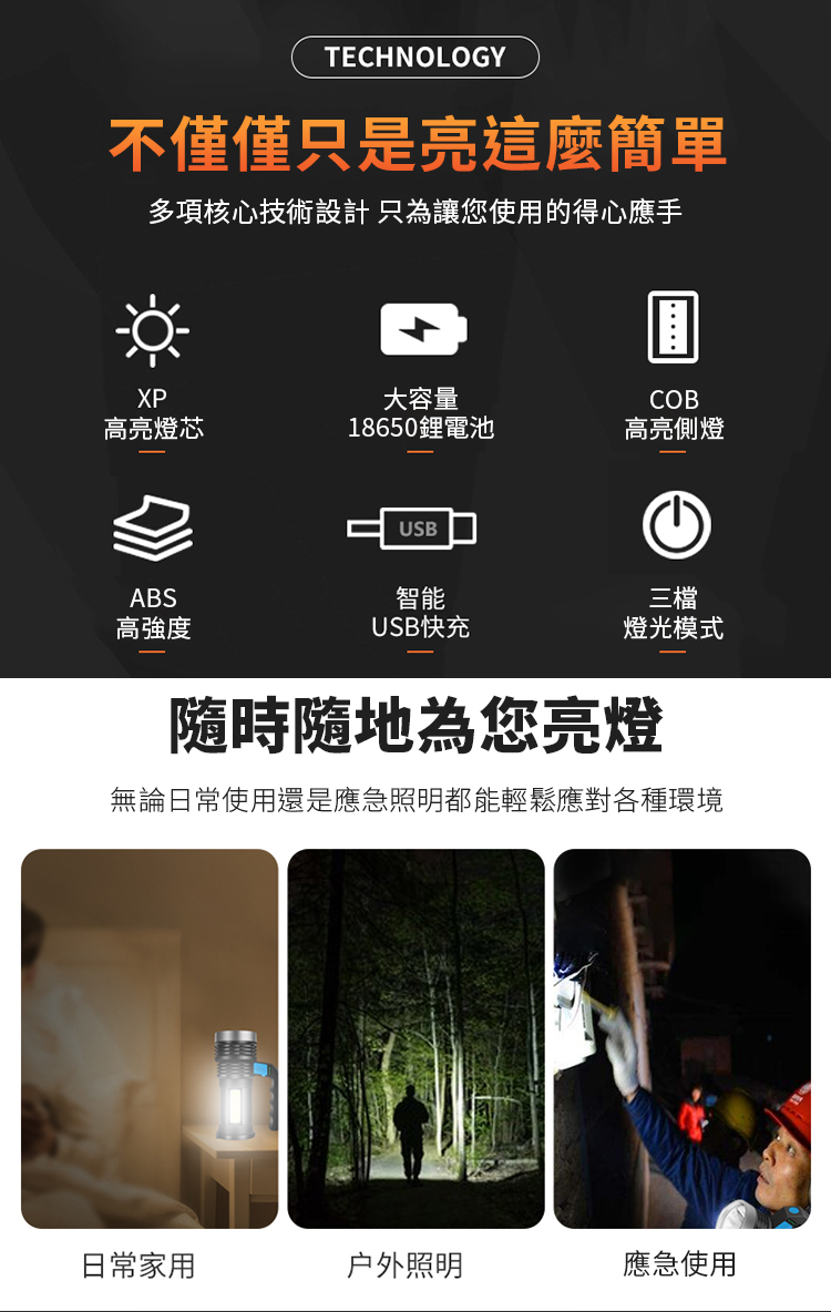 USB雙光源強光手電筒 緊急照明/大功率強光照明/USB快充/三檔燈光