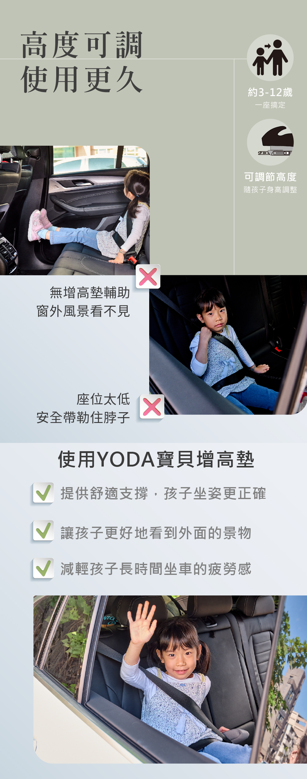 【YODA】3-12歲可調式兒童增高墊/兒童汽車座椅 (兩色可選)