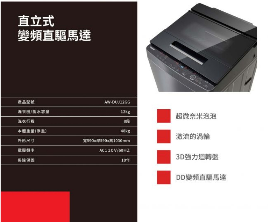 【TOSHIBA 東芝】12/1-31送1000元mo幣★12公斤奈米泡泡洗洗衣