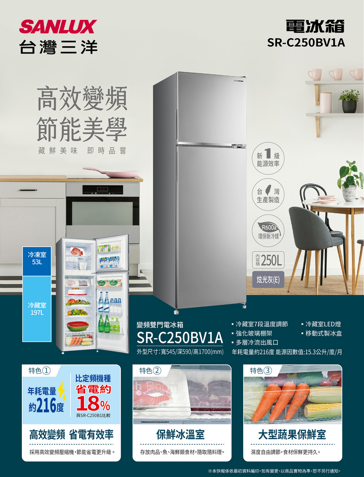 【SANLUX台灣三洋】一級變頻雙門電冰箱 250公升 SR-C250BV1A