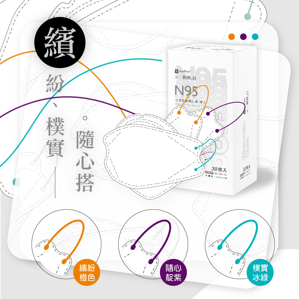 【藍鷹牌】N95醫用4D立體型成人口罩 極簡系列 30片/盒 (4款任選)