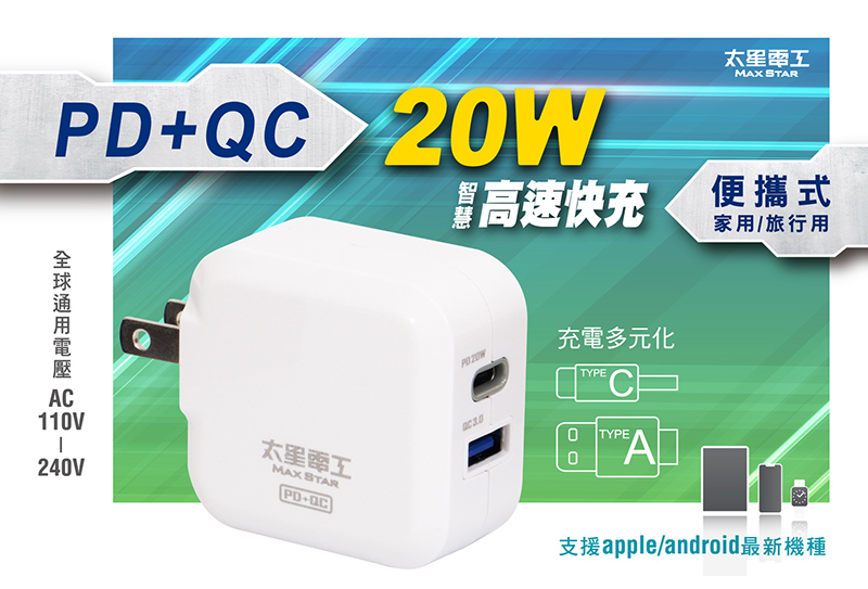 【太星電工】20W智慧高速充電器 快充 (PD+QC) AE330