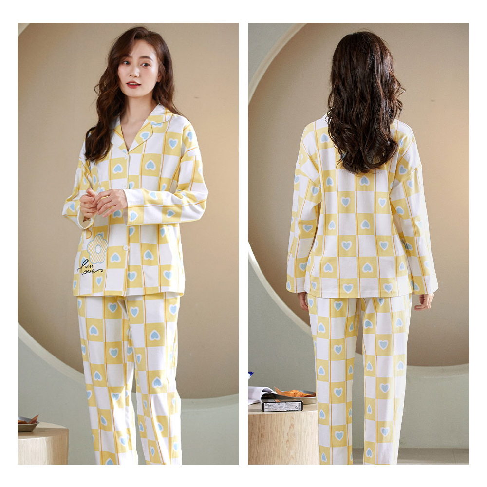 格紋繽紛翻領長袖居家睡衣 兩件式睡衣 4色可選