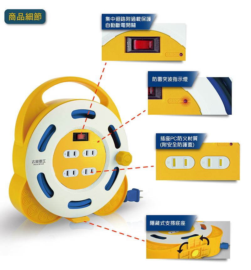 【太星電工】一開四插2P輕巧型家庭輪座 15A/8米(ORA41208)