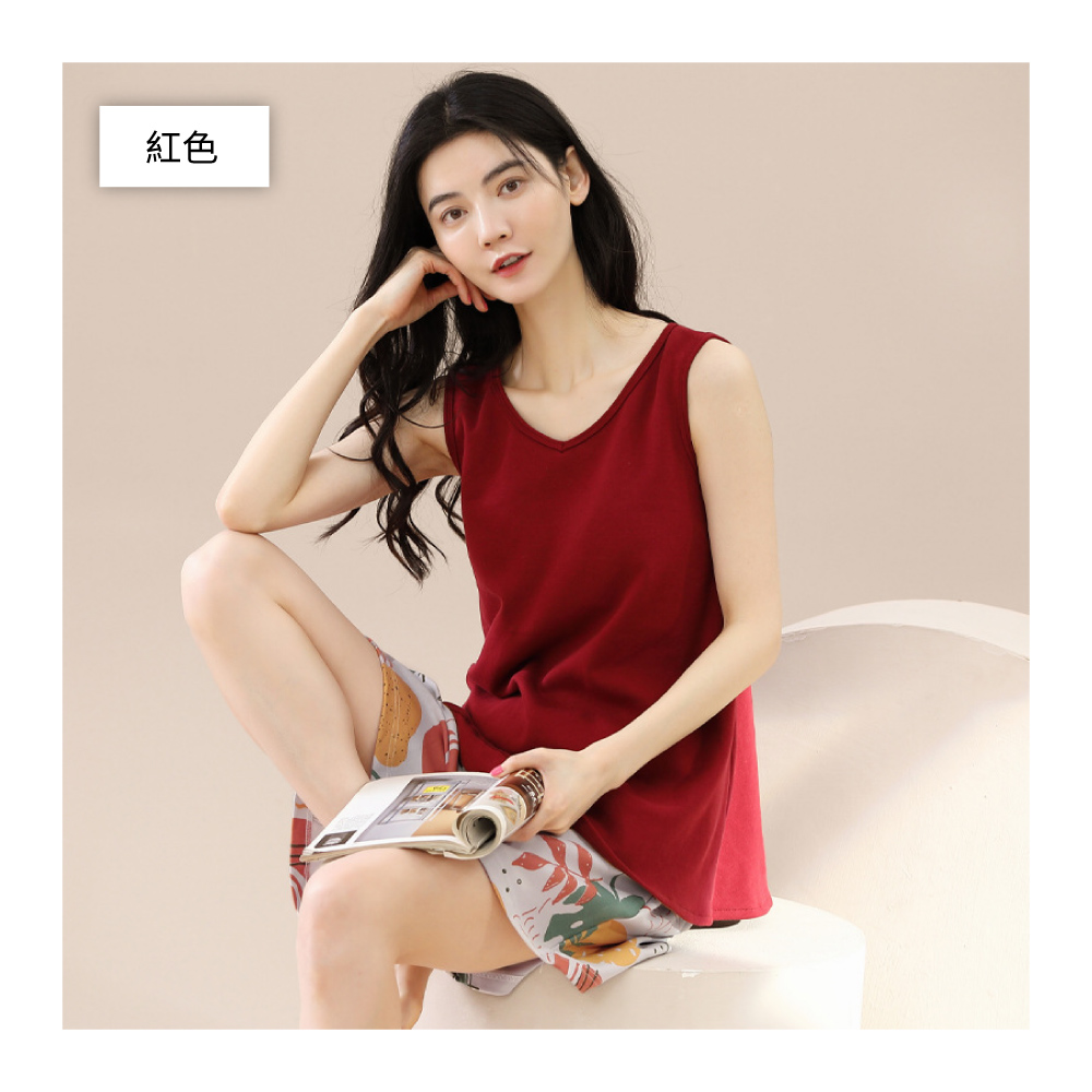 韓系時尚鬆緊腰帶熱帶風情背心短褲居家服-6色 