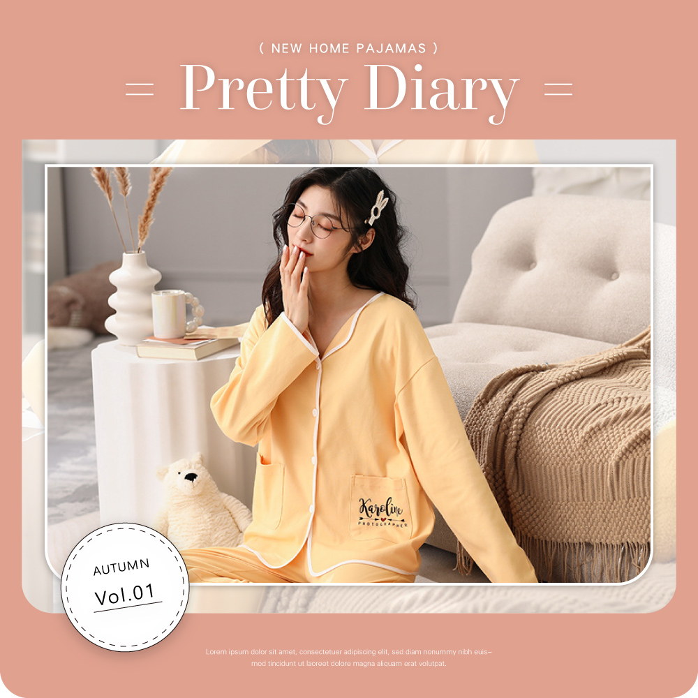 大尺碼寬鬆棉質花紋點綴開襟居家睡衣-4色 居家服 家居服