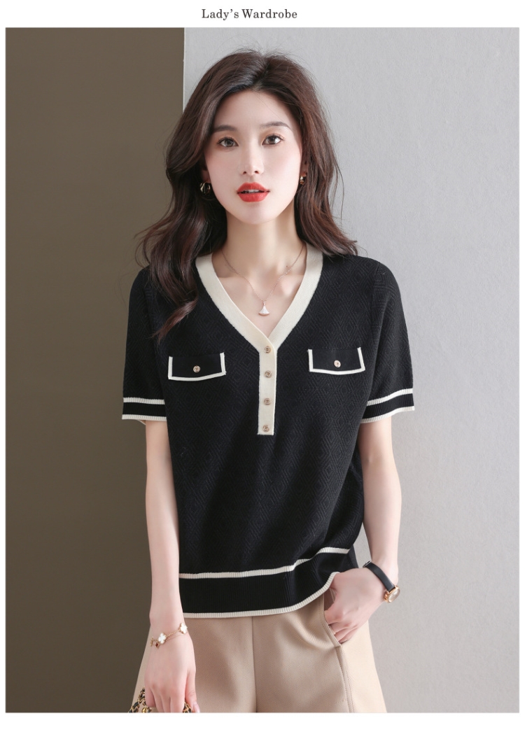 夏季針織女款短袖/V領衣/小香風金邊針織衫/V領拉鍊針織衣