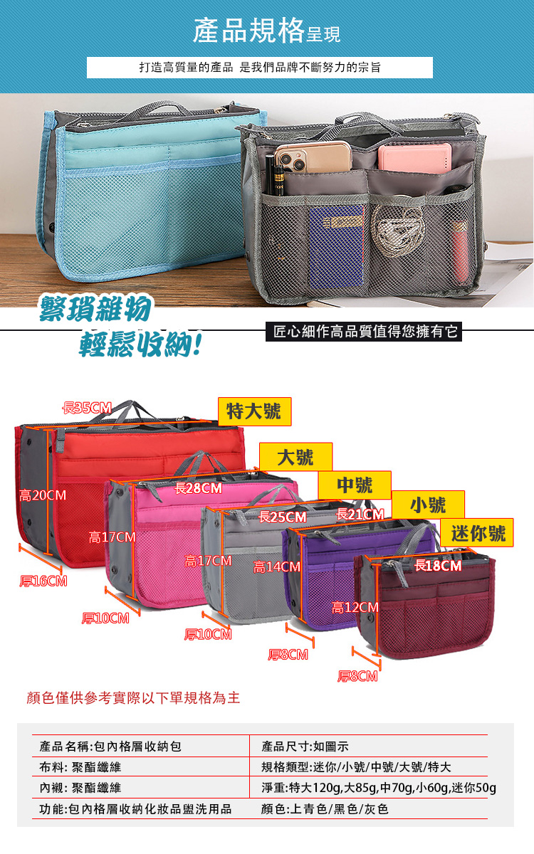 大容量雙拉鍊包中包格層收納袋