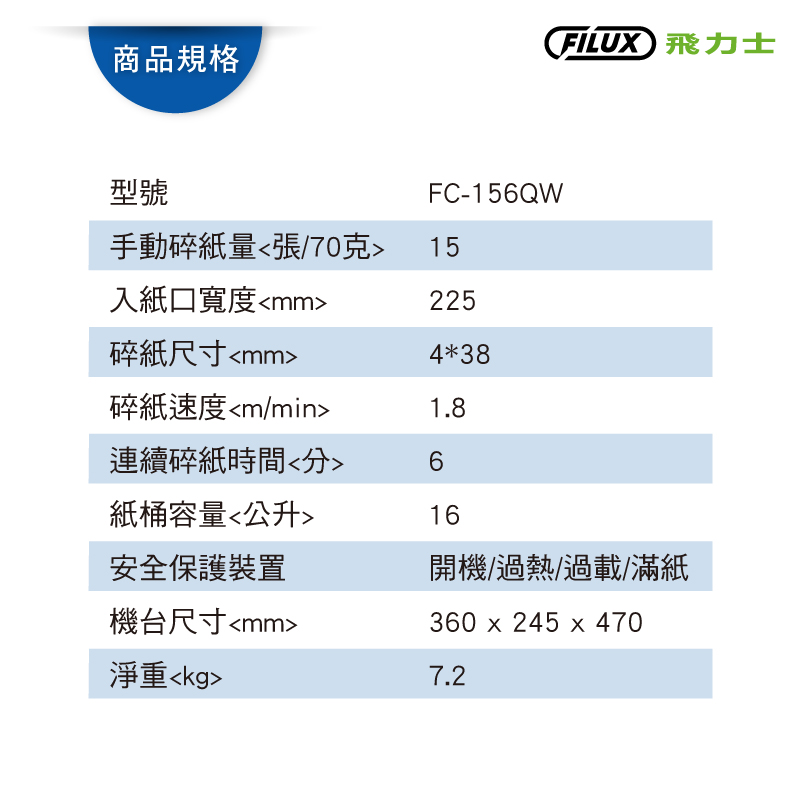 【FILUX 飛力士】15張超靜音碎紙機FC-156QW 內含多種組合